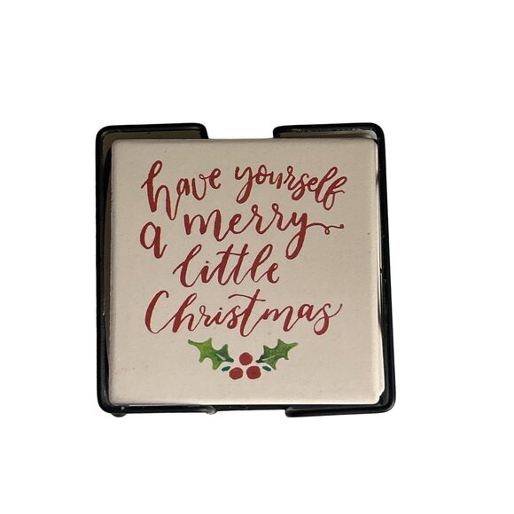 Christmas Holiday Ceramic Coaster Set With Festive Quotes & Holder - Picture 6 of 8